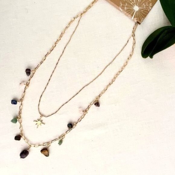 Double Layer Necklace of Golden Chain w/ Natural Stones Star Pendant Adjustable - Picture 5 of 5